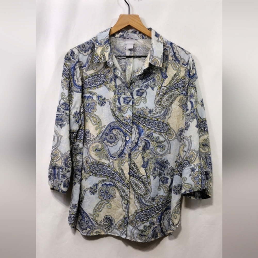 Chico's No-Iron Linen Paisley Button Shirt Womens 12  Multicolor Artsy Retro
